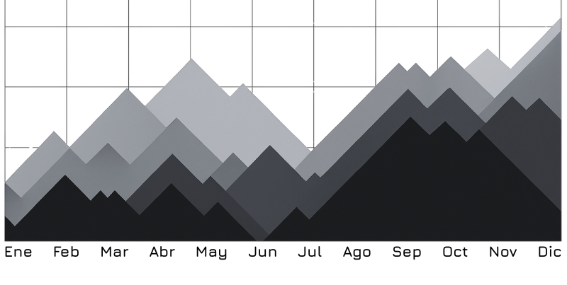 Gráfico de áreas superpuestas por meses que muestra la evolución de diferentes indicadores de crecimiento vinculados al asesoramiento empresarial.