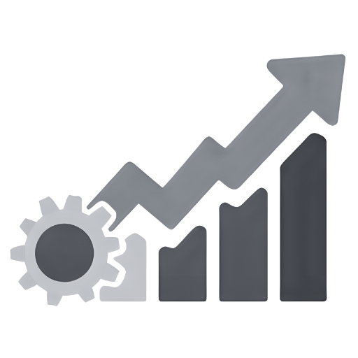 Gráfico de barras ascendentes con flecha y engranaje, símbolo de gestión de producción y desarrollo.