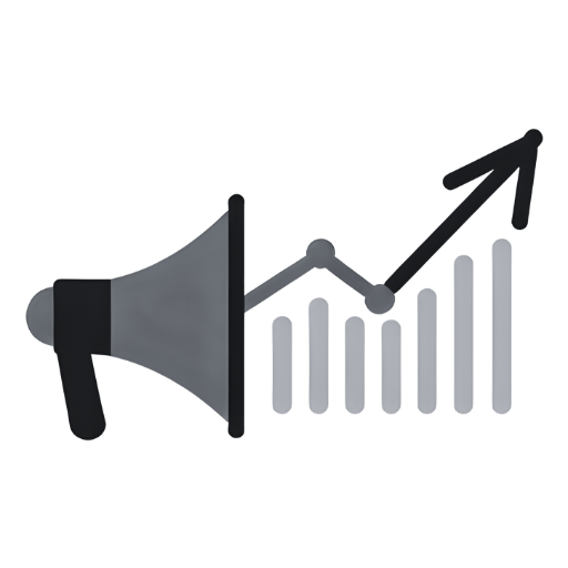 Ilustración de megáfono gris junto a gráfico de barras ascendentes, simbolizando marketing y comunicación orientados al crecimiento.